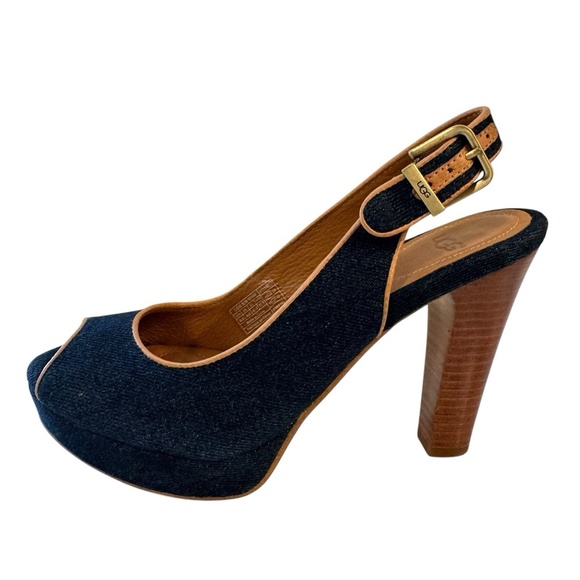 UGG Slingback Pumps Heels Peep Toe Shoe Blue Denim Brown Leather Womens Size 6.5 - Picture 6 of 12